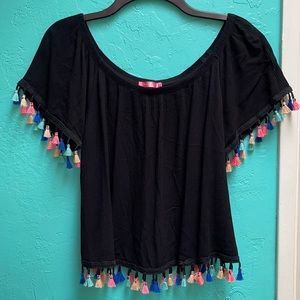 Multicolored fringe black crop top
